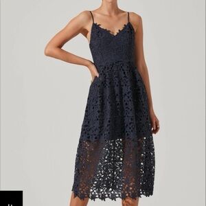 Astr Midnight Blue Lace Overlay Midi Dress